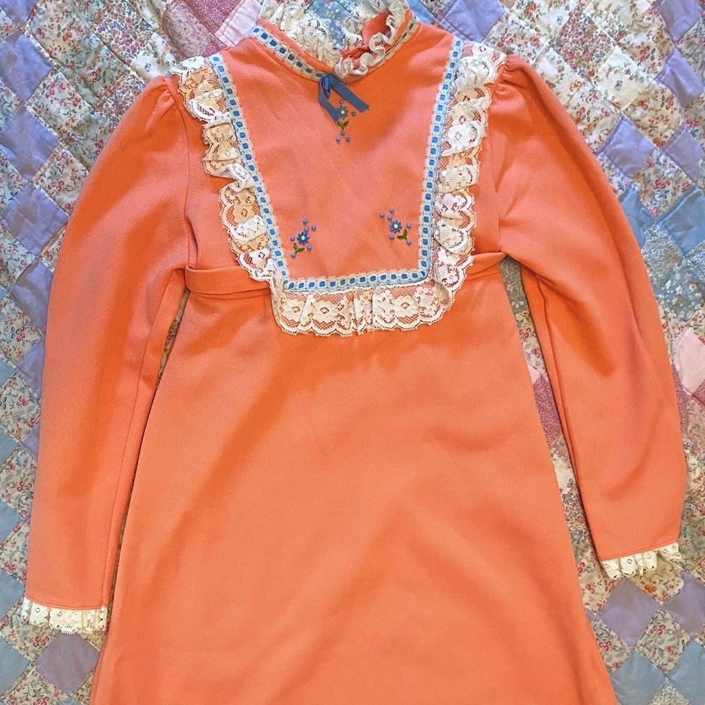 1960s Vintage Orange Dolly Maxi Dress with Lace Trim, Beaded Flower 🌼 XXS